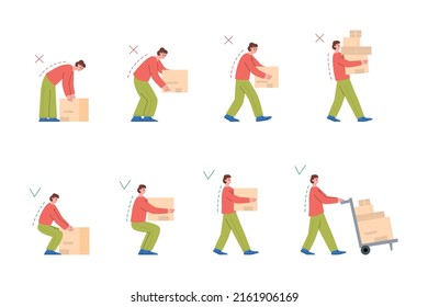 Correct back posture when lifting heavy loads, boxes, a set of vector flat illustrations on white background. Heavy weight of the box is carried by woman correctly, incorrectly.