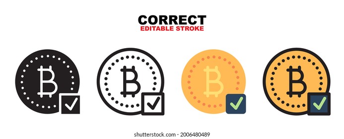 Corregir icono de bitcoin con colección cryptocurrency. Los iconos están diseñados en color completo, contorno, plano, glifos y líneas. trazos y píxeles perfectamente modificables. Funciona para web, móvil, ui y más.