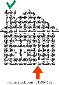 Correct black maze in the shape of a house with windows, chimney and arrow pointer orange on white background. 