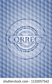 Correct blue emblem or badge with abstract geometric pattern background.