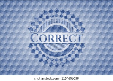 Correct blue emblem or badge with geometric pattern background.