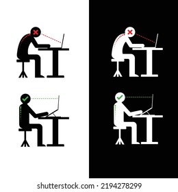 Correct body alignment in sitting working with computer, Sitting position, laptop desk, humpback, sitting upright, sitting rules
