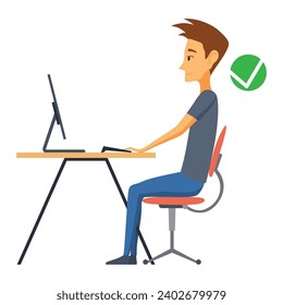 Correct body alignment in sitting working with computer. Wrong posture cause office syndrome and back pain. Vector illustration