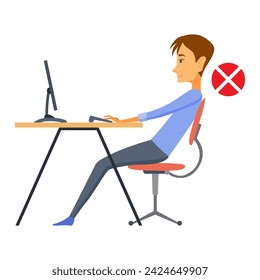 Correct body alignment in sitting working with computer. Wrong posture cause office syndrome and back pain. Vector illustration