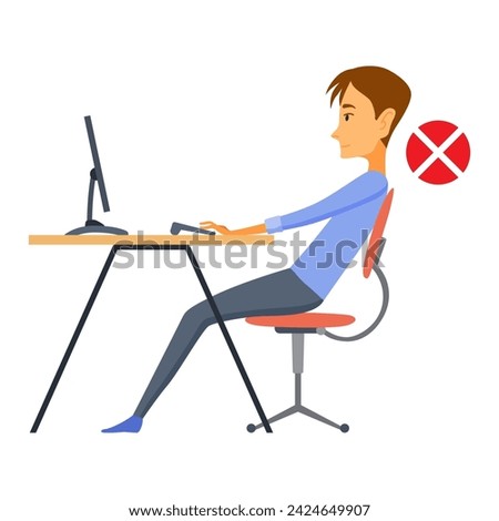 Correct body alignment in sitting working with computer. Wrong posture cause office syndrome and back pain. Vector illustration
