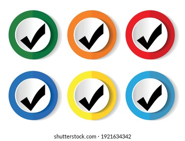 Correcto, conjunto de iconos de casilla de verificación, botones vectores en 6 colores opciones de diseño web y aplicaciones móviles