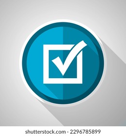 Correcto, símbolo de casilla de verificación, icono azul vectorial de diseño plano con sombra larga