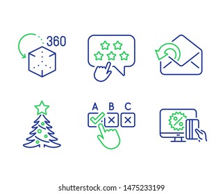 Correct checkbox, Christmas tree and Augmented reality line icons set. Ranking star, Send mail and Online shopping signs. Answer, Spruce, Virtual reality. Click rank. Business set. Vector