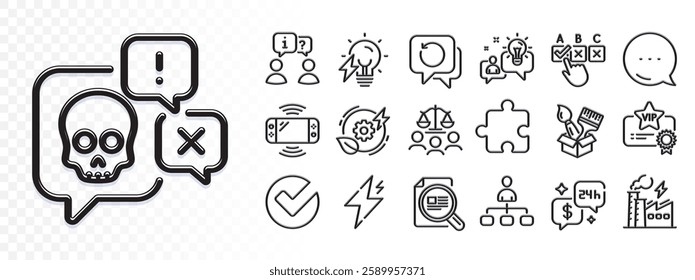 Correct checkbox, Electricity bulb and Recovery data line icons for web app. Glare of light effect. Message icon. Pack of Idea, Game console, Management pictogram icons. Vector