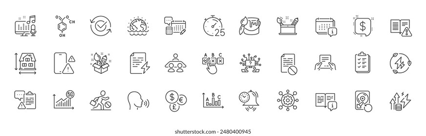 Iconos de línea de Casilla de verificación, electricidad verde y dinero correctos. Paquete de manual de instrucciones, Inflación de energía, icono del temporizador. Portapapeles, manual, pictograma de gestión de tiempo. Podcast. Iconos de línea. Vector