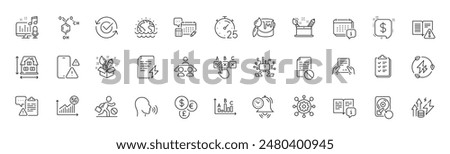 Correct checkbox, Green electricity and Money currency line icons. Pack of Instruction manual, Energy inflation, Timer icon. Clipboard, Manual, Time management pictogram. Podcast. Line icons. Vector