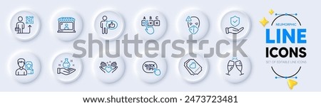 Correct checkbox, Leadership and Like line icons for web app. Pack of Market seller, Medical mask, Quick tips pictogram icons. Chemistry lab, Couple, Insurance hand signs. Neumorphic buttons. Vector