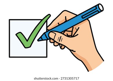 Correct choice concept illustration. Human hand ticking checkbox on paper for task completion and approval process.