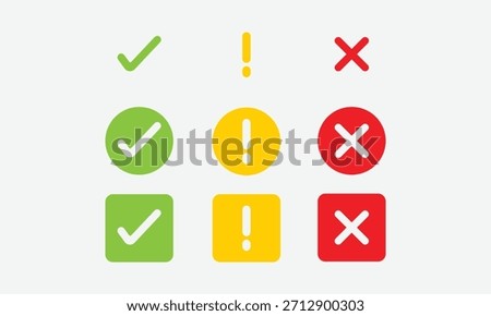 Correct, chosen, complete, verified icons sets and warnings, attention, errors, incorrect icons sets