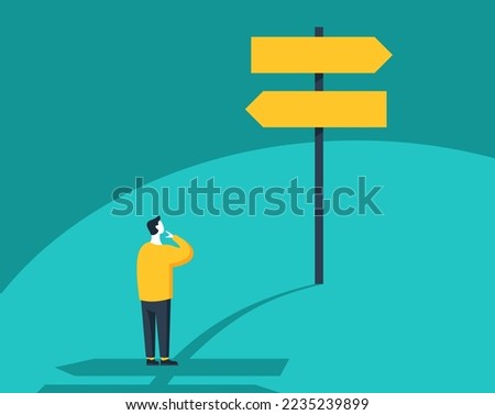Correct decision choosing concept - confused man character standing on the crossroads and looking at signpost with two different directions