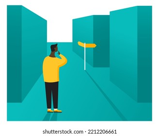 Correct Decision Choosing - Confused Man Character Standing In Labyrinth Maze And Looking At Signpost With Two Different Directions - Conceptual Cartoon Vector Illustration