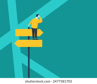 Correcta elección de la decisión - personaje hombre confundido de pie en gran poste indicador, mirando en diferentes direcciones - Ilustración vectorial conceptual