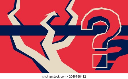 Elección correcta de decisiones - encrucijada y signo de interrogación en bajo estilo polaco, antes de elección importante. ilustración vectorial del concepto empresarial o votación política