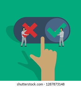 Correct decision choosing - polygonal cartoon people holds tick and cross signs (positive or negative choise) and big frozen hand - vector concept