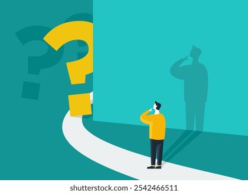 Correct decision choosing - Question mark around the corner, before important choice. vector illustration for business concept or political voting