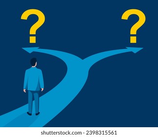 Correct decision choosing - Road fork, Question marks and thinking businessman, before important choice. vector illustration for business concept or political voting