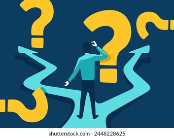 Correct decision choosing - Road fork, Question marks and thinking person, before important choice. Abstract vector illustration for business concept or political voting