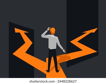 Correct decision choosing - Road fork, standing and thinking person, before important choice. vector illustration for business concept or political voting