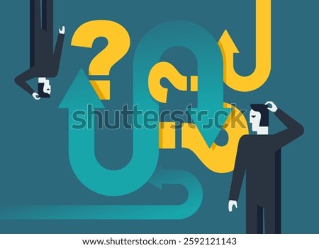 Correct decision choosing - Road fork, Question marks and thinking persons, before important choice. Abstract anti-design vector illustration for business concept or political voting.