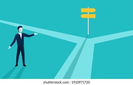 Correct decision chosing - confused man character standing on the crossroads and looking at signpost with two different directions - conceptual vector illustration