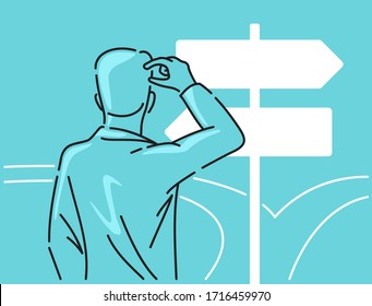 Correct decision chosing - drawn confused man silhouette standing on the crossroads and looking at signpost with two different directions - conceptual vector illustration