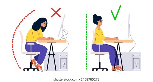 Correcta buena posición vs mala postura incorrecta para sentarse en el escritorio de la computadora. Localización de cables correctos y erróneos. La espalda, el cuello y las piernas correctas e incorrectas posan de mujer en el lugar de trabajo. Vector 