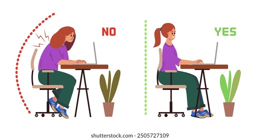 Correct good position vs bad incorrect posture. Woman Showing Bad and Good Poses for Working on Laptop. Wrong, Hunched Back And Cramped Shoulders. Proper, Straight Back And Relaxed. Vector 