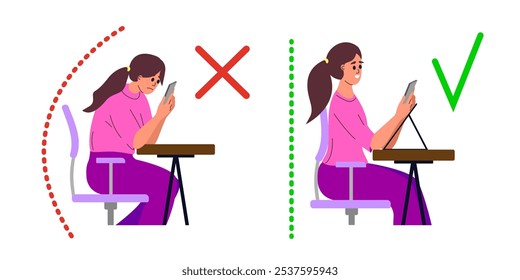 Korrigieren Sie gute Position oder schlechte falsche Haltung zum Halten und Sprechen mit TELEFON. Richtig und falsch Rücken, Hals und Beine Posen von Mädchen am Schreibtisch. Vektorgrafik