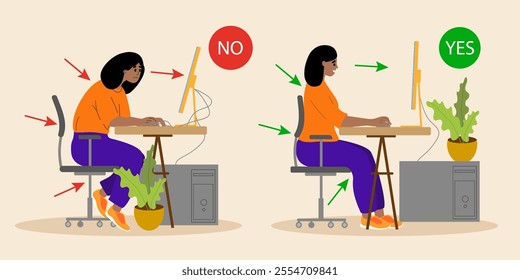 Correct good position vs bad incorrect posture for sitting at computer desk. Right and wrong flowerpot and wires located. Right and wrong back, neck and legs poses of woman at workplace. Vector 