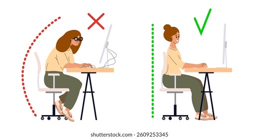 Correct good position vs bad incorrect posture for sitting at computer desk. Deterioration of vision. Right and wrong back, neck and legs poses of woman at workplace. Vector illustration.