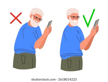 Correct good position vs bad incorrect posture for holding PHONE. Right and wrong back, neck and legs poses of Old man, elderly person at standing. Vector illustration.