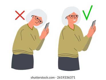 Correct good position vs bad incorrect posture for holding PHONE. Right and wrong back, neck and legs poses of Old woman, elderly person at standing. Vector illustration.