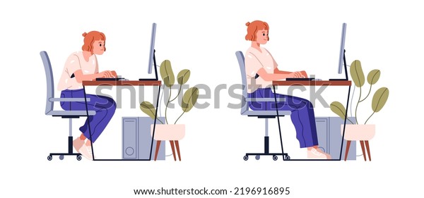 Correct good position vs bad incorrect posture\
for sitting at computer desk. Right and wrong back and neck poses\
of woman at workplace. Flat graphic vector illustration isolated on\
white background