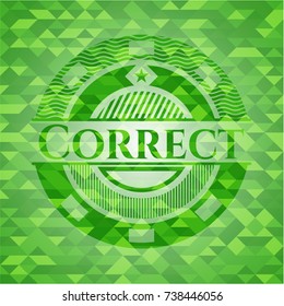 Correct green emblem with triangle mosaic background
