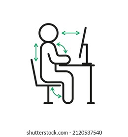 Correct health posture of sitting on computer, right ergonomic workstation. Worker sitting at desk with right pose body for healthy back. Health work position rule. Vector sign line illustration