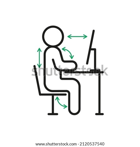 Correct health posture of sitting on computer, right ergonomic workstation. Worker sitting at desk with right pose body for healthy back. Health work position rule. Vector sign line illustration