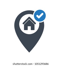 Correct house location icon. Address icon with check sign. Address icon and approved, confirm, done, tick, completed symbol. Location, address, correct, house, icon, point, tick, accept, agree, apply