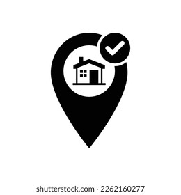 Correct house location icon. Address icon with check sign. Address icon and approved, confirm, done, tick, completed symbol. Location, address, correct, house, icon, point, tick, accept, agree, apply.