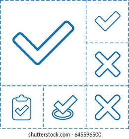 Correct icon. set of 6 correct outline icons such as tick, cross