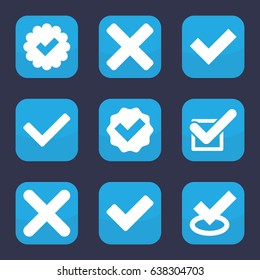 Correct icon. set of 9 filled correct icons such as tick
