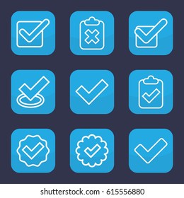 Correct icon. set of 9 outline correct icons such as tick, clipboard with tick