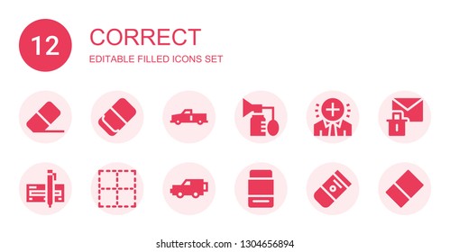 correct icon set. Collection of 12 filled correct icons included Eraser, x, Breast pump, Positive, Check, No border, Erase