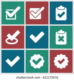 Correct icons set. set of 9 correct filled icons such as tick, clipboard with tick