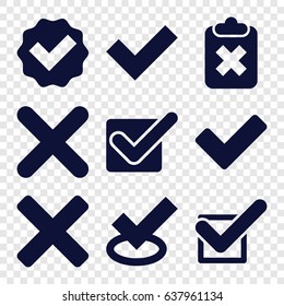 Correct icons set. set of 9 correct filled icons such as tick, cross