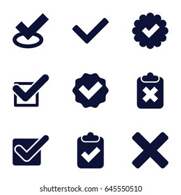 Correct icons set. set of 9 correct filled icons such as tick, cross, clipboard with tick